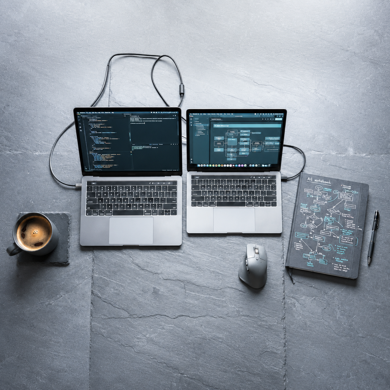 Escritorio de trabajo con laptops y un cuaderno con diagramas de procesos